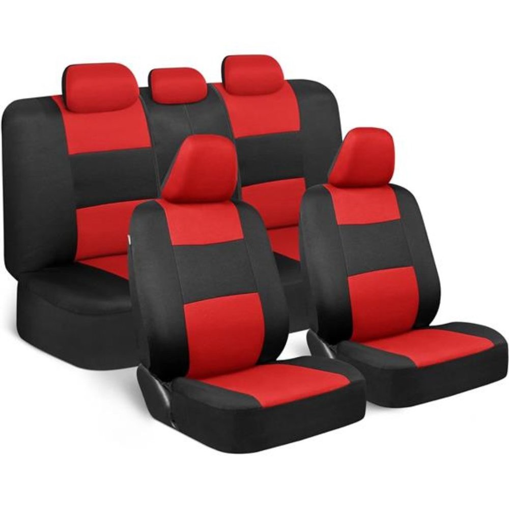 Car Seat Covers Full Set in Red on Black –Front and Rear Split Bench Seat Covers